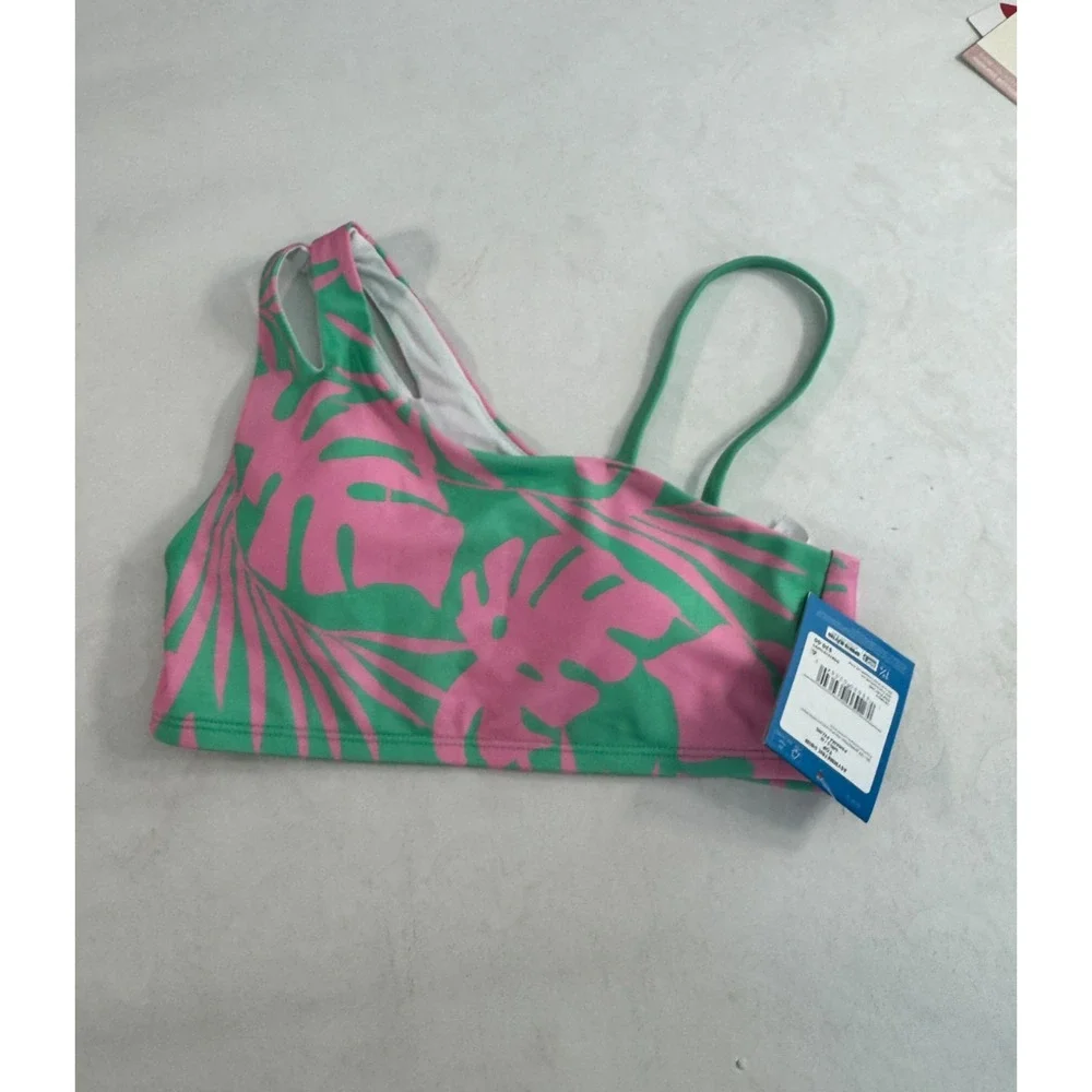 DSG Girls Asymmetric One Shouder Swim Top Panama Palms Pink Green Size Large